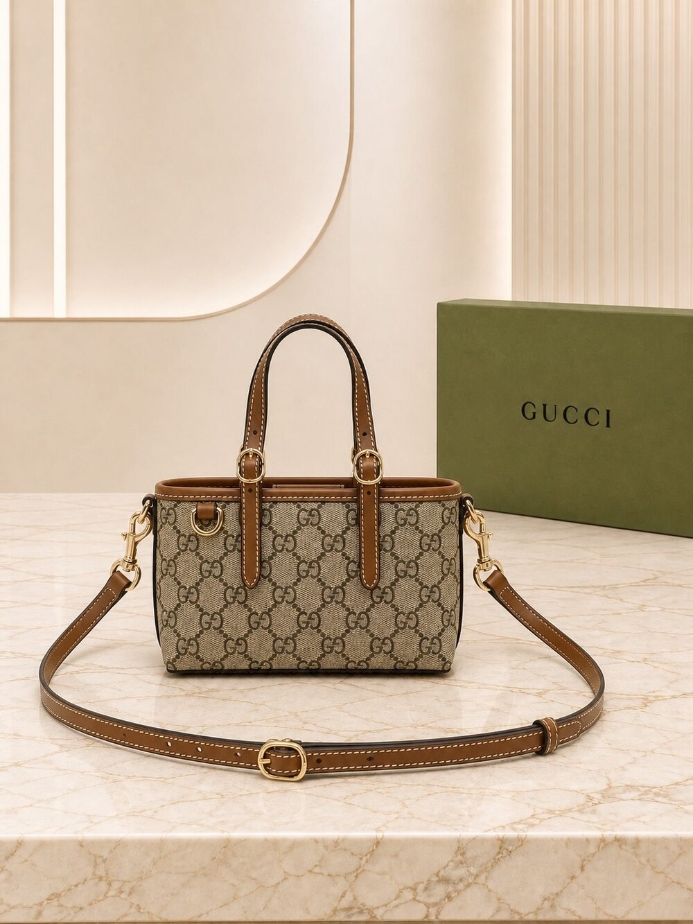 Gucci GG Supreme Canvas Mini Carryall in Beige Brown - Picture 3 of 9